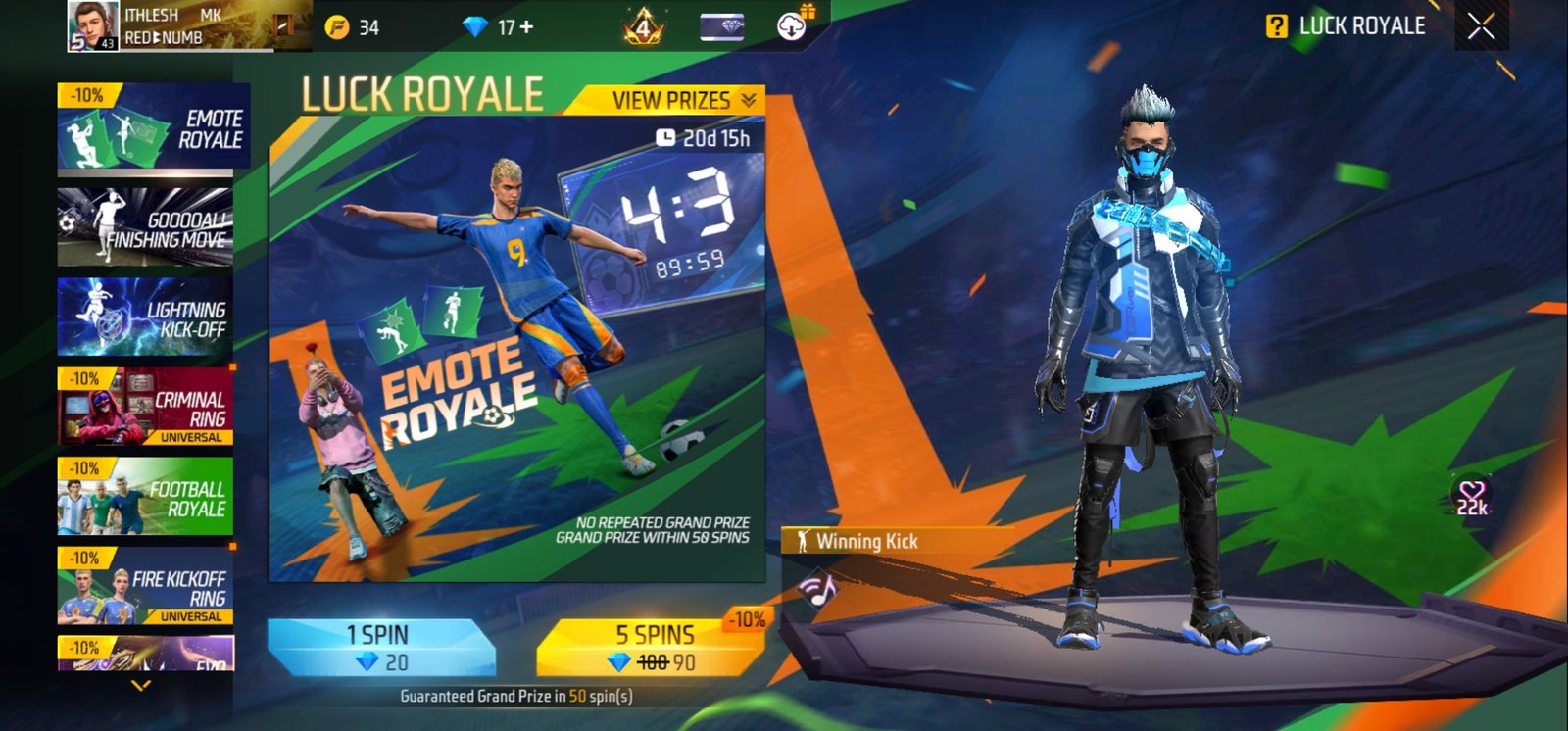 Free Fire Luck Royale - Winning Kick Emote Royale Event